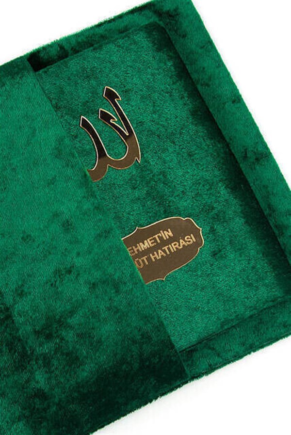 10 Adet Kadife Kaplı Yasin Kitabı - Çanta Boy - İsme Özel Plakalı - Tesbihli - Keseli - Kutulu - Yeşil Renk - Mevlit Hediyeliği
