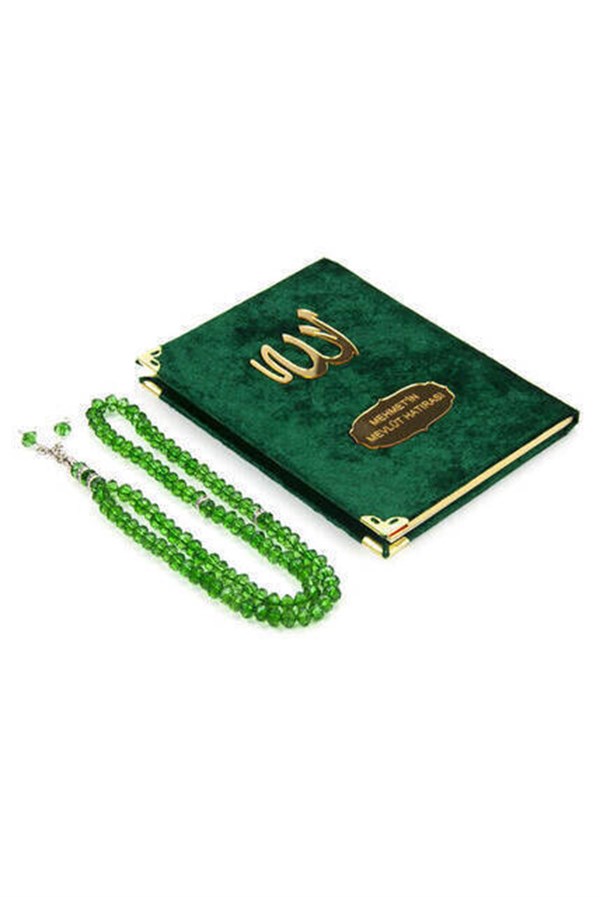 10 Adet Kadife Kaplı Yasin Kitabı - Çanta Boy - İsme Özel Plakalı - Tesbihli - Keseli - Yeşil Renk - Mevlüt Hediyeliği