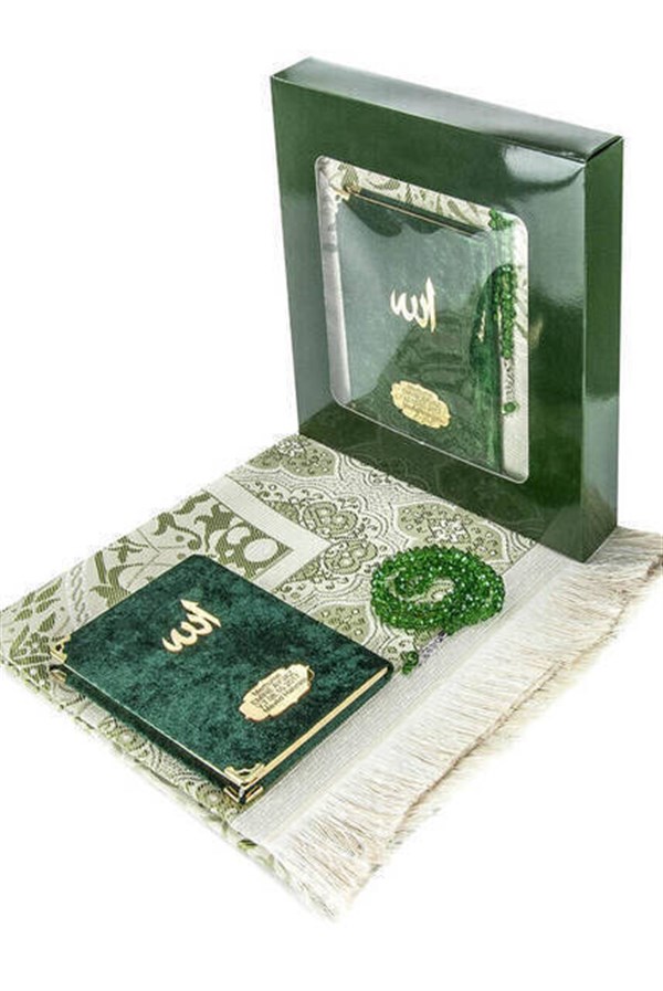 10 Adet Özel Hediyelik Kadife Kaplı Yasin Kitabı - Çanta Boy - İsme Özel Plakalı - Seccadeli - Tesbihli - Kutulu - Yeşil