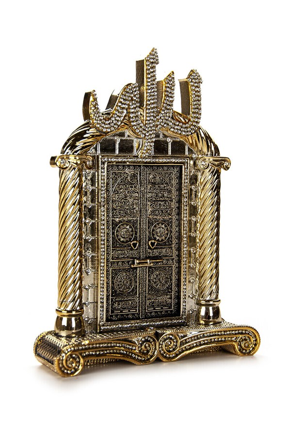 Allah Lafızlı Kabe Kapısı Kristal Taş Süslemeli Dini Hediyelik Biblo Gold Renk