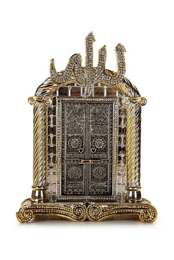 Allah Lafızlı Kabe Kapısı Kristal Taş Süslemeli Dini Hediyelik Biblo Gold Renk