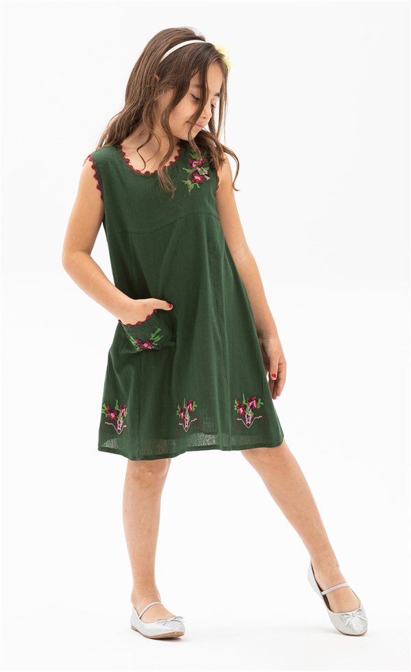 Burçak Şile Bezi Kız Çocuk Elbise Yeşil