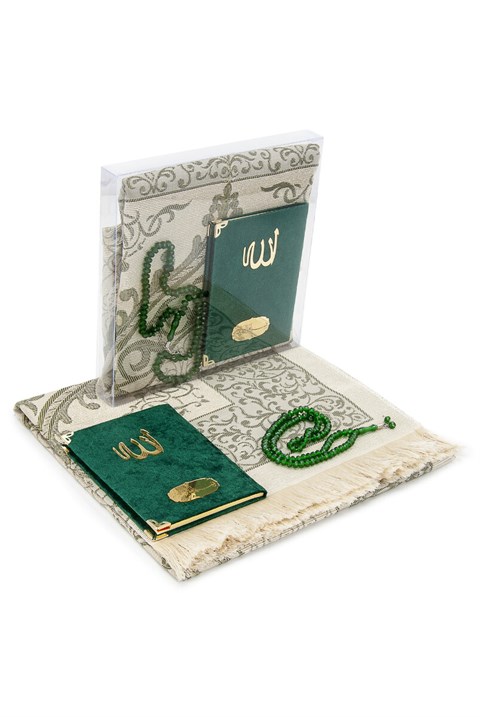 Çanta Boy Kadife Yasin Kitabı - Seccade - Tesbih ve Şeffaf Kutulu Mevlid Hediyeliği - Yeşil