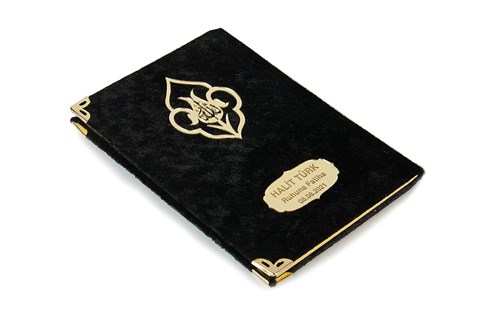 Kadife Kaplı Yasin Kitabı - Çanta Boy - İsme Özel Plakalı - Mevlüt Hediyeliği - Siyah Renk