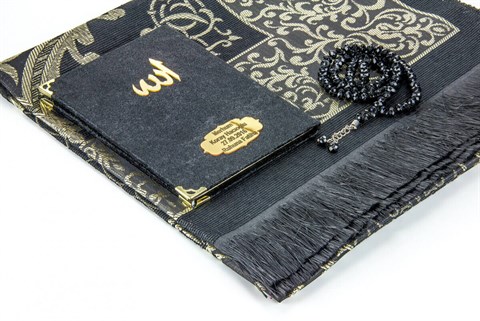 Kadife Yasin Kitabı Çanta Boy İsim Plakalı Seccade Tesbihli Kutulu Siyah Renk
