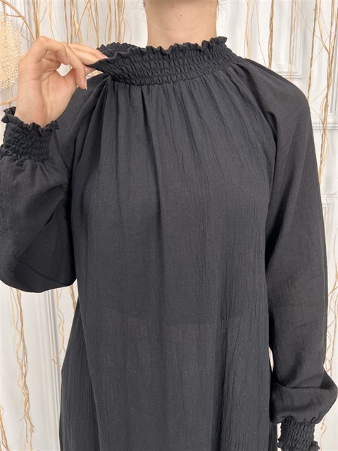 Kadın Şile Bezi Pamuk Namaz Elbisesi Tek Parça Kolay Boydan Giyilen Kolu ve Yakası Lastikli Siyah Syh