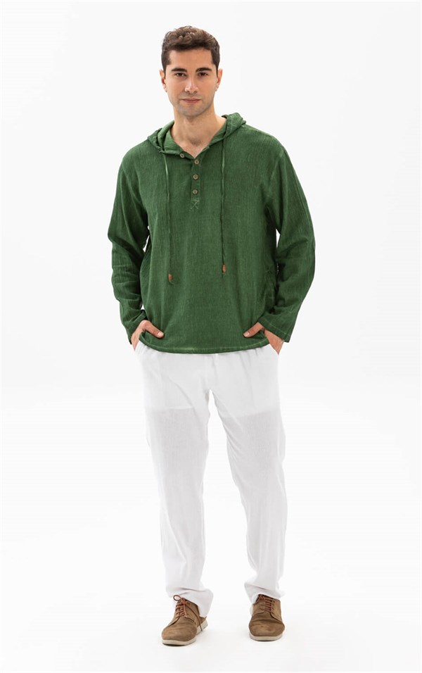 Kapüşonlu Şile Bezi Erkek Sweatshirt Yeşil