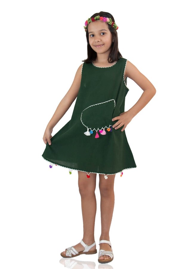 Mine Şile Bezi Kız Çocuk Elbise Yeşil