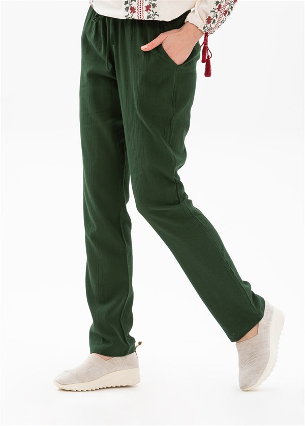 Şile Bezi Cepli Kadın Pantolon Yeşil