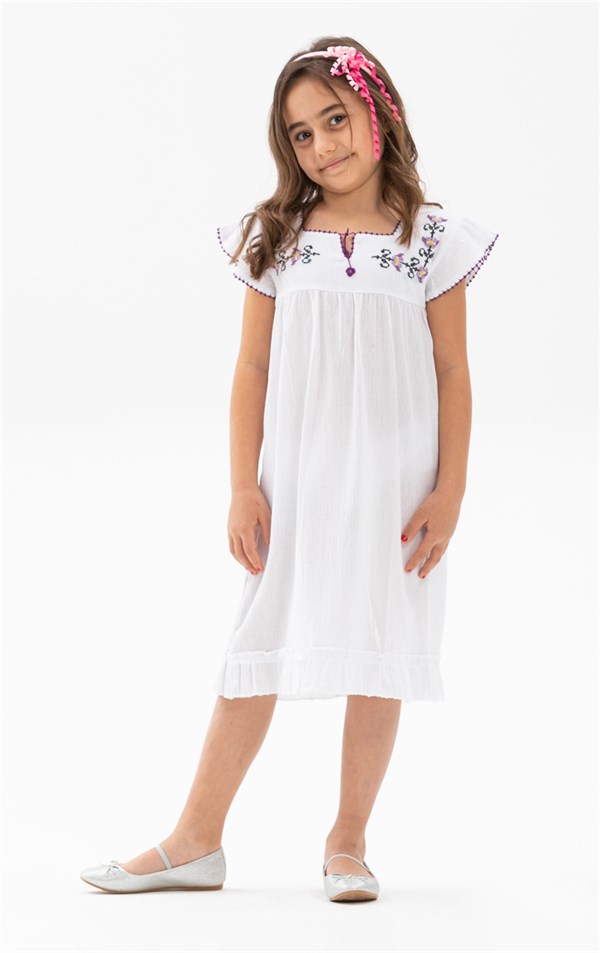 Şile Bezi Klasik Kız Çocuk Elbise Beyaz