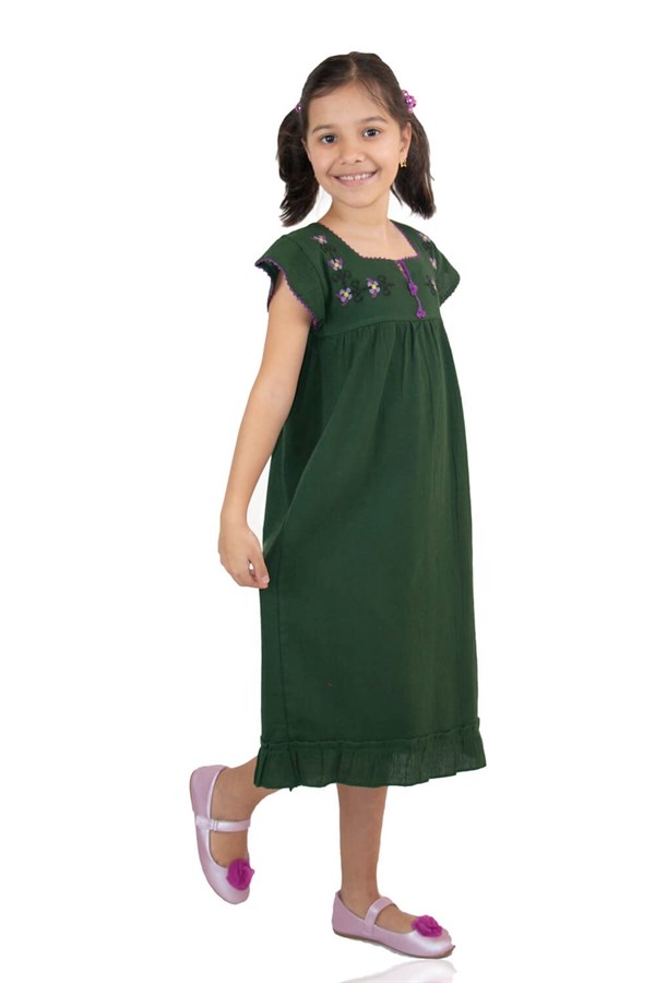 Şile Bezi Klasik Kız Çocuk Elbise Yeşil