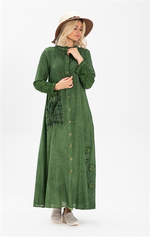 Uzun Kol Büyük Beden Şile Bezi Zümrüt Elbise Yeşil