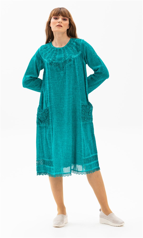 Uzun Kol Şile Bezi Asena Elbise Su Yeşili
