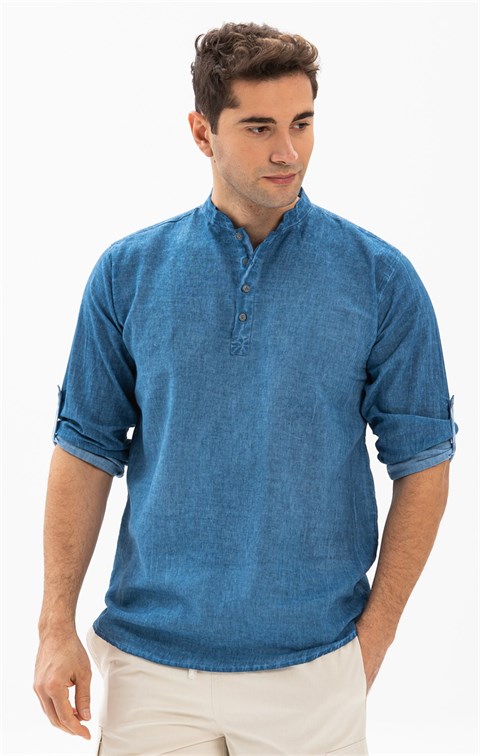 Uzun Kol Şile Bezi Bodrum Erkek T-Shirt Kot Mavi 9011