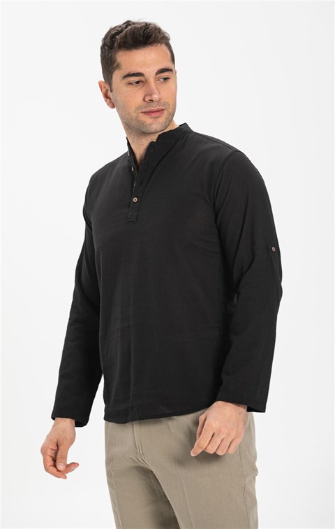 Uzun Kol Şile Bezi Bodrum Erkek T-Shirt Siyah 9003