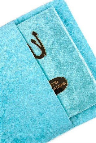 10 Adet Kadife Kaplı Yasin Kitabı - Çanta Boy - İsme Özel Plakalı - Tesbihli - Keseli - Kutulu - Mavi Renk - Mevlit Hediyeliği