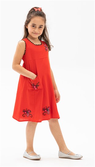 Burçak Şile Bezi Kız Çocuk Elbise Kırmızı