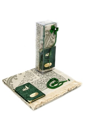 Cep Boy Kadife Yasin Kitabı - Seccade - Tesbih ve Şeffaf Kutulu Mevlid Hediyeliği - Yeşil
