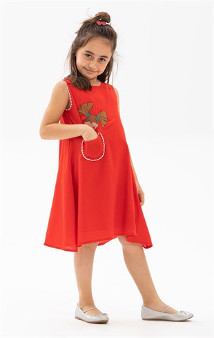 Ece Şile Bezi Kız Çocuk Elbise Kırmızı