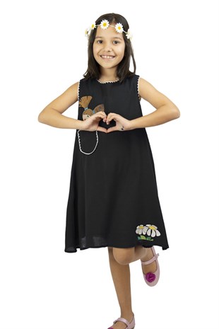 Ece Şile Bezi Kız Çocuk Elbise Siyah