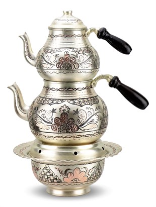 Gül Çiçek Gümüşlü Bakır Çaydanlık ve Osmanlı Ocağı