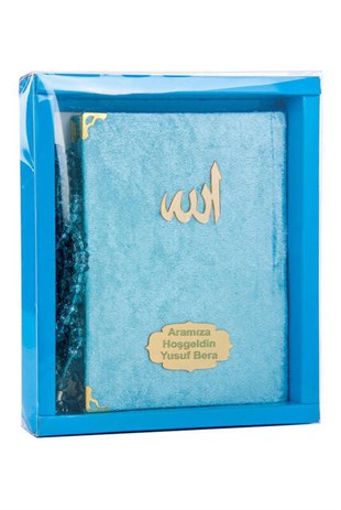 Kadife Kaplı Yasin Kitabı - Çanta Boy - İsme Özel Plakalı - Tesbihli - Kutulu - Mavi Renk - Dini Hediyelik