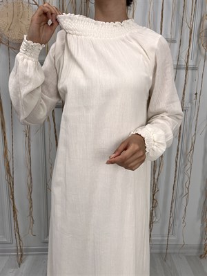 Kadın Şile Bezi Pamuk Namaz Elbisesi Tek Parça Kolay Boydan Giyilen Kolu ve Yakası Lastikli Krem Krm