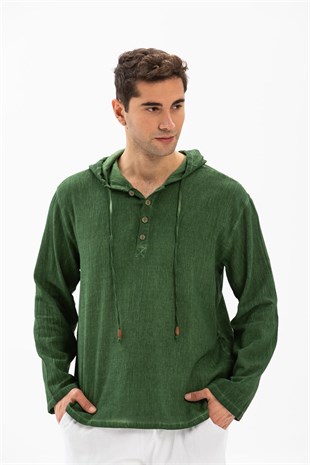 Kapüşonlu Şile Bezi Erkek Sweatshirt Yeşil