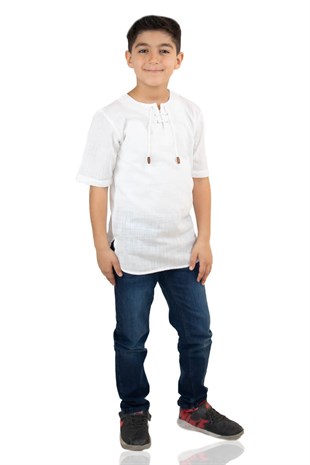 Kısa Kol Şile Bezi Zımbalı Erkek Çocuk Tshirt Beyaz