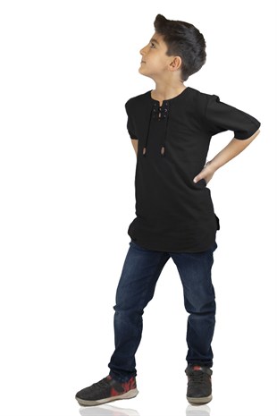 Kısa Kol Şile Bezi Zımbalı Erkek Çocuk Tshirt Siyah