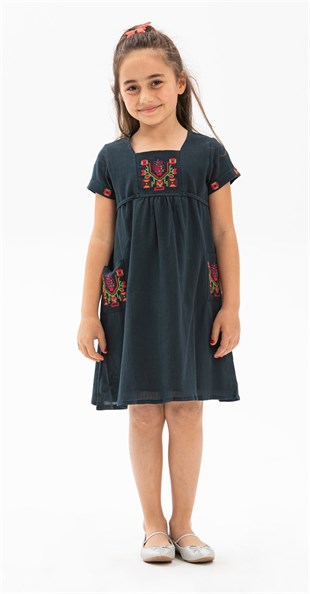 Melek Şile Bezi Kız Çocuk Elbise Petrol