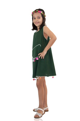 Mine Şile Bezi Kız Çocuk Elbise Yeşil