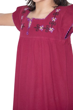 Şile Bezi Klasik Kız Çocuk Elbise Bordo