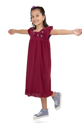 Şile Bezi Klasik Kız Çocuk Elbise Bordo