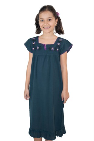 Şile Bezi Klasik Kız Çocuk Elbise Petrol