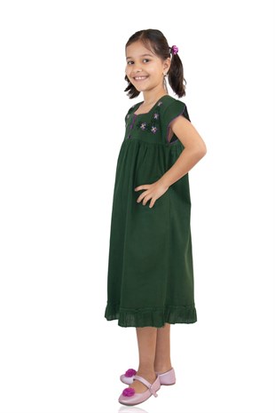Şile Bezi Klasik Kız Çocuk Elbise Yeşil