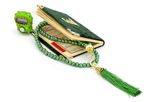 Taşlı Zikirmatik - Mini Kadife Yasin - İnci Tesbihli Hediyelik Set - Yeşil Renk