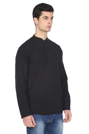 Uzun Kol Şile Bezi Bodrum Erkek T-shirt Siyah