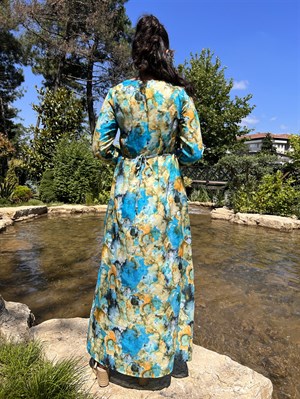 Uzun Kol Vual Nesrin Uzun Elbise Batik Desen Turkuaz Trkz