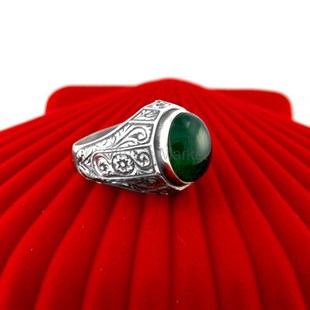 Yeşil Sıkma Kehribar Taşlı Kalemkar İşçiliği Gümüş Erkek Yüzüğü EREY194C